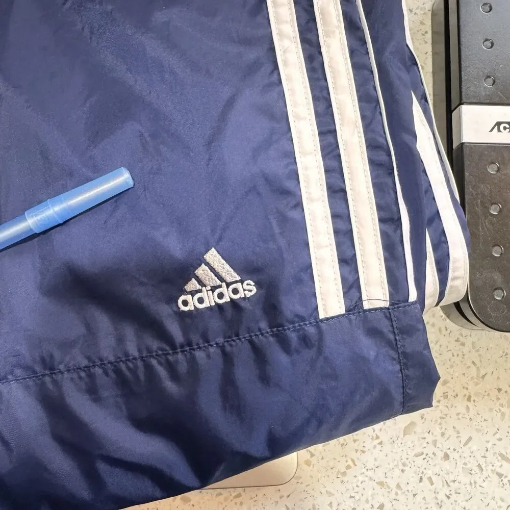 Vintage Y2K Adidas Track Pants Mens L Windbreaker Nylon Blue White Stripe Retro